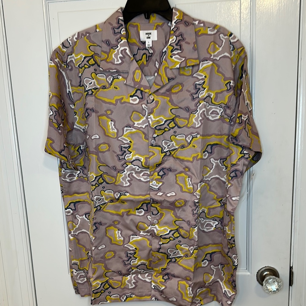 Mode of One Tan Print Button Down Short‎ Sleeve Shirt size L NWT